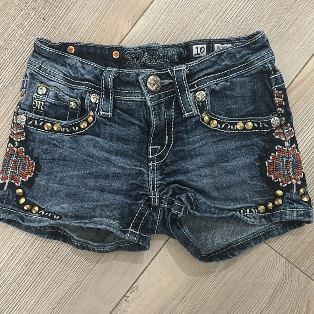 Girls. Worn once. Miss Me Blue Jean Shorts with Embellished Back